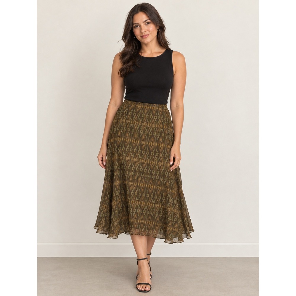 Lauren Ralph Lauren Brown Silk Ikat Print Midi Skirt 18W Geometric Flowy Whimsy